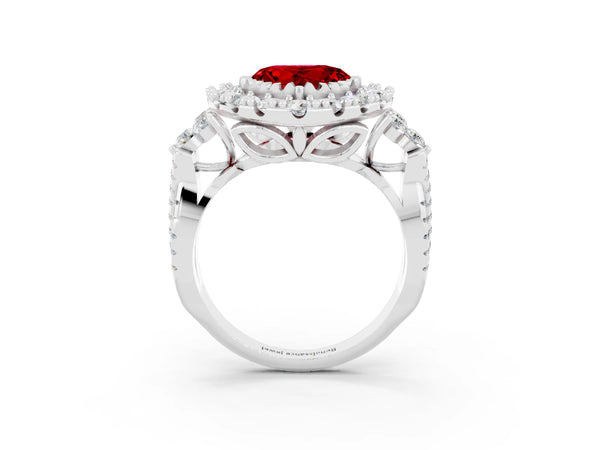 Platinum Heart Cut Ruby Halo Ring with Pavé Band and Four-Prong Setting