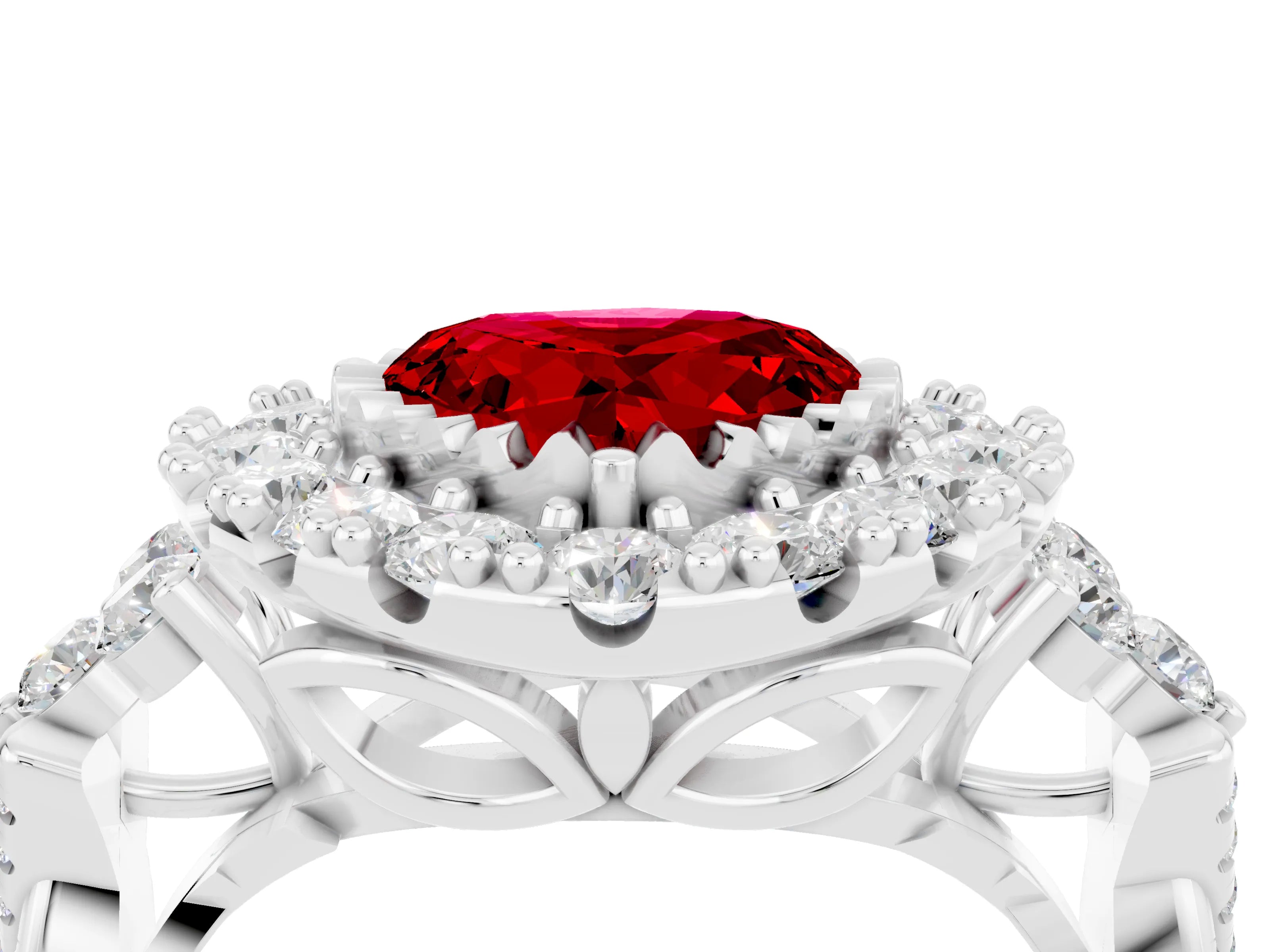 White gold Heart Cut Ruby Halo Ring with Pavé Band and Four-Prong Setting_16