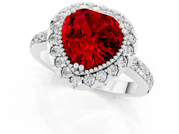 Platinum Heart Cut Ruby Halo Ring with Pavé Band and Prong Setting