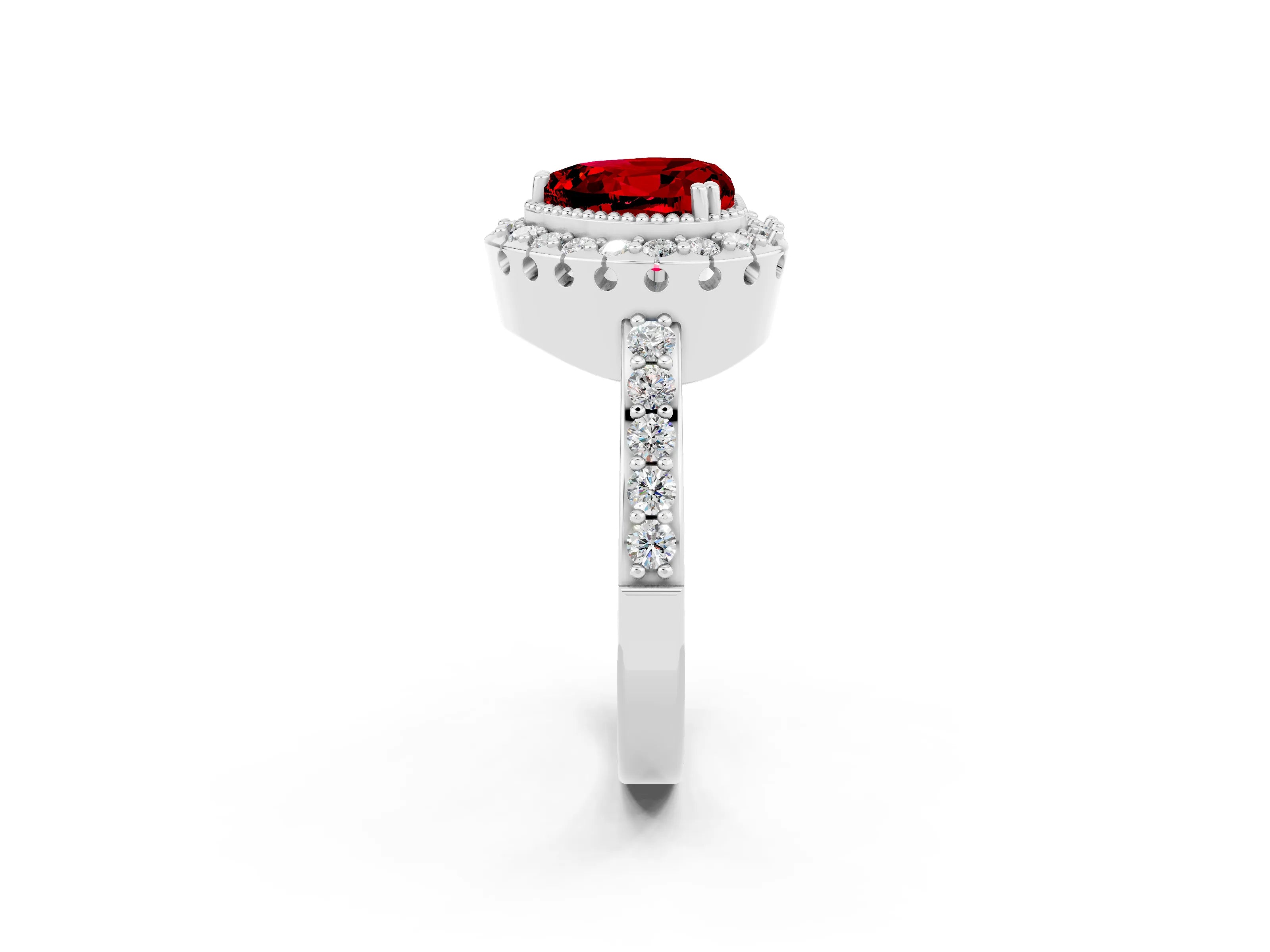 White gold Heart Cut Ruby Halo Ring with Pavé Band and Prong Setting_2
