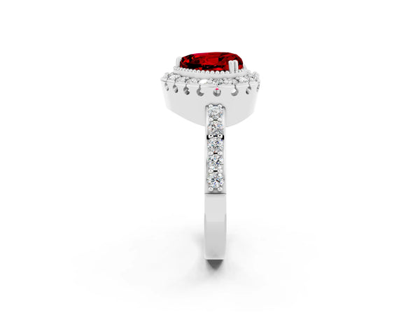 Silver Heart Cut Ruby Halo Ring with Pavé Band and Prong Setting