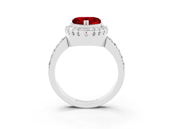 Platinum Heart Cut Ruby Halo Ring with Pavé Band and Prong Setting