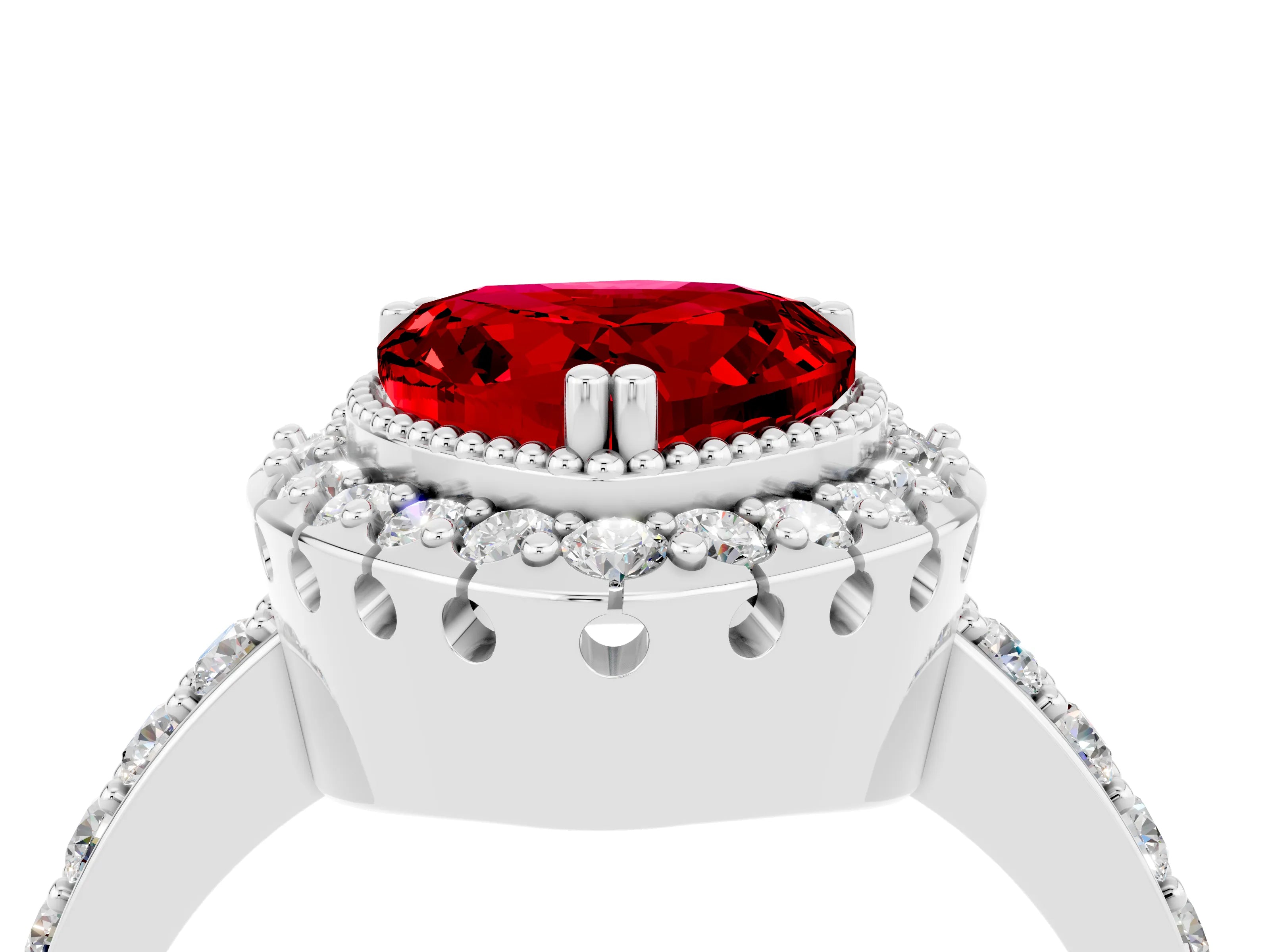 White gold Heart Cut Ruby Halo Ring with Pavé Band and Prong Setting_4