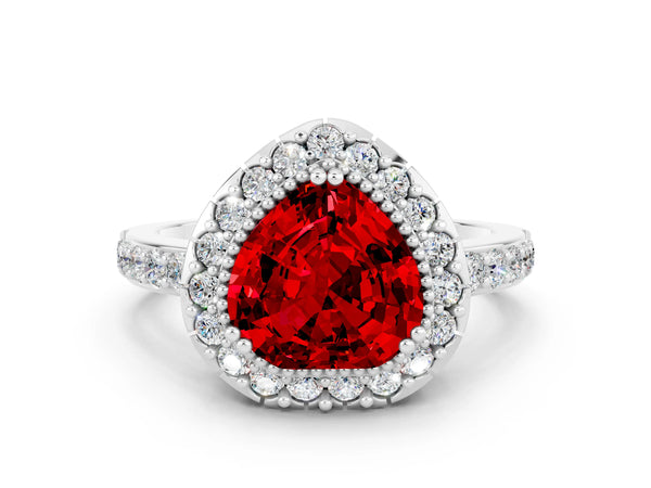 White gold Heart Cut Ruby Halo Ring with Pavé Band and Prong Setting