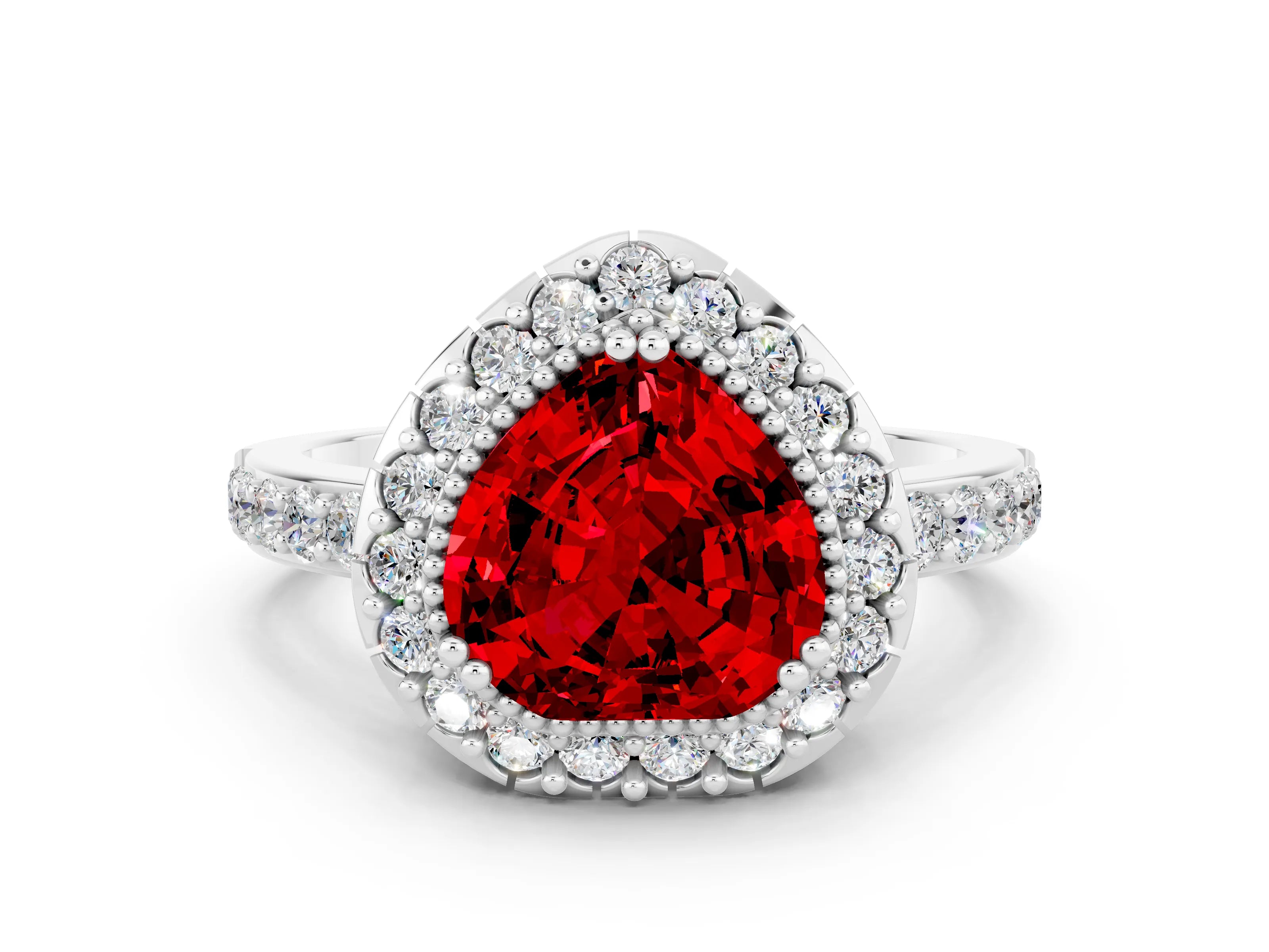 White gold Heart Cut Ruby Halo Ring with Pavé Band and Prong Setting