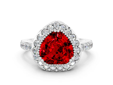 White gold Heart Cut Ruby Halo Ring with Pavé Band and Prong Setting