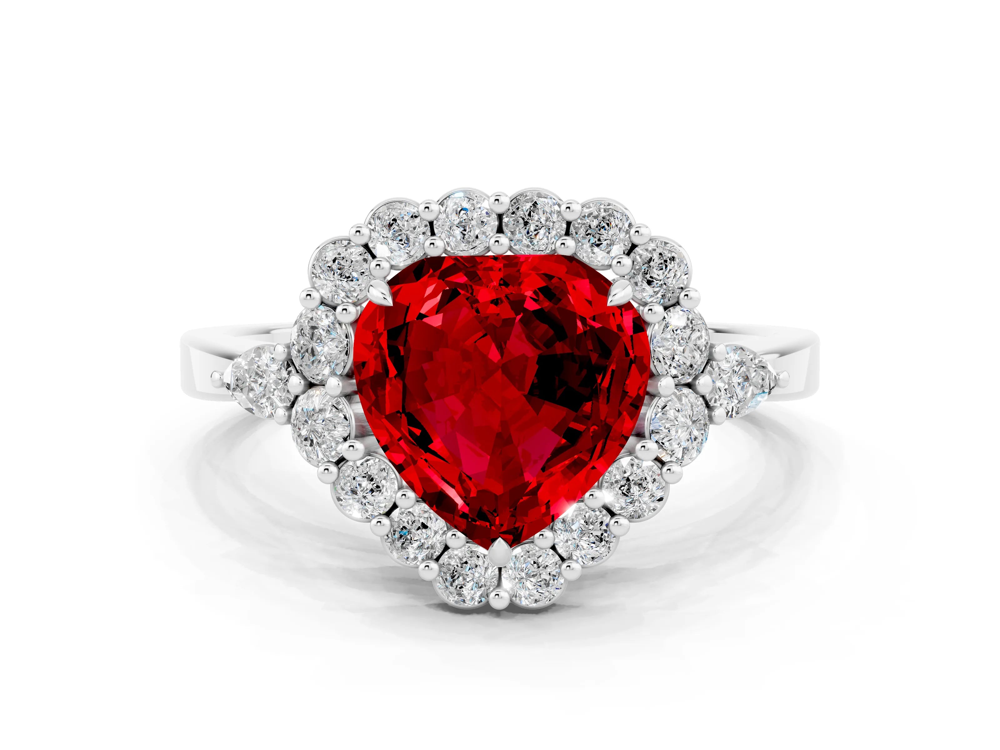 White gold Heart Cut Ruby Halo Ring with Pear Side Stones and Prong Setting_24