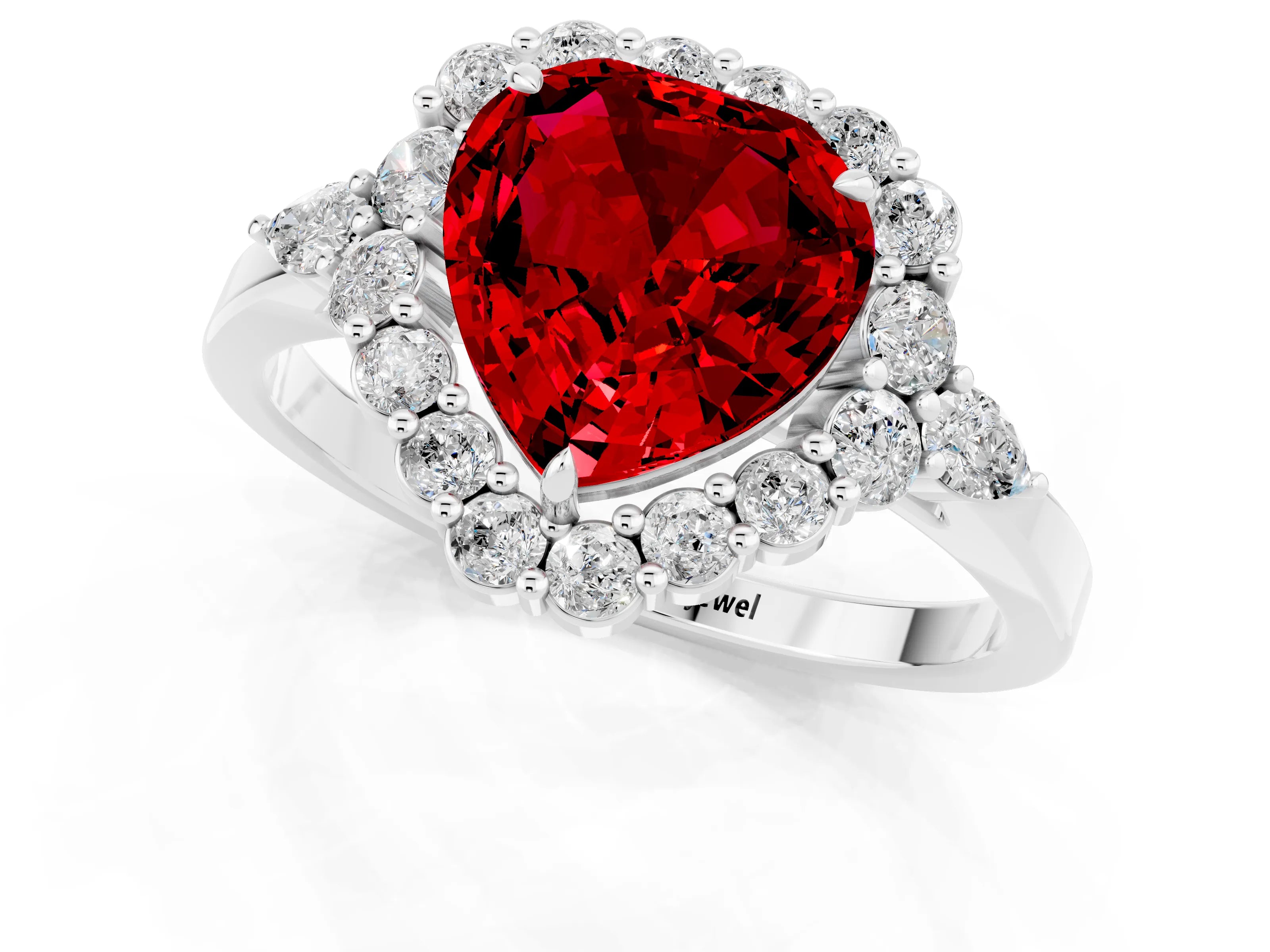 White gold Heart Cut Ruby Halo Ring with Pear Side Stones and Prong Setting_25