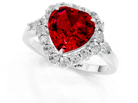 White gold Heart Cut Ruby Halo Ring with Pear Side Stones and Prong Setting_25