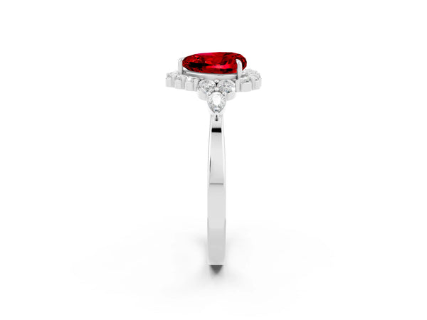 White gold Heart Cut Ruby Halo Ring with Pear Side Stones and Prong Setting