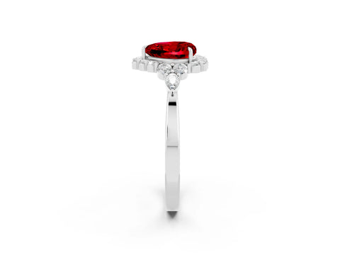 White gold Heart Cut Ruby Halo Ring with Pear Side Stones and Prong Setting_26