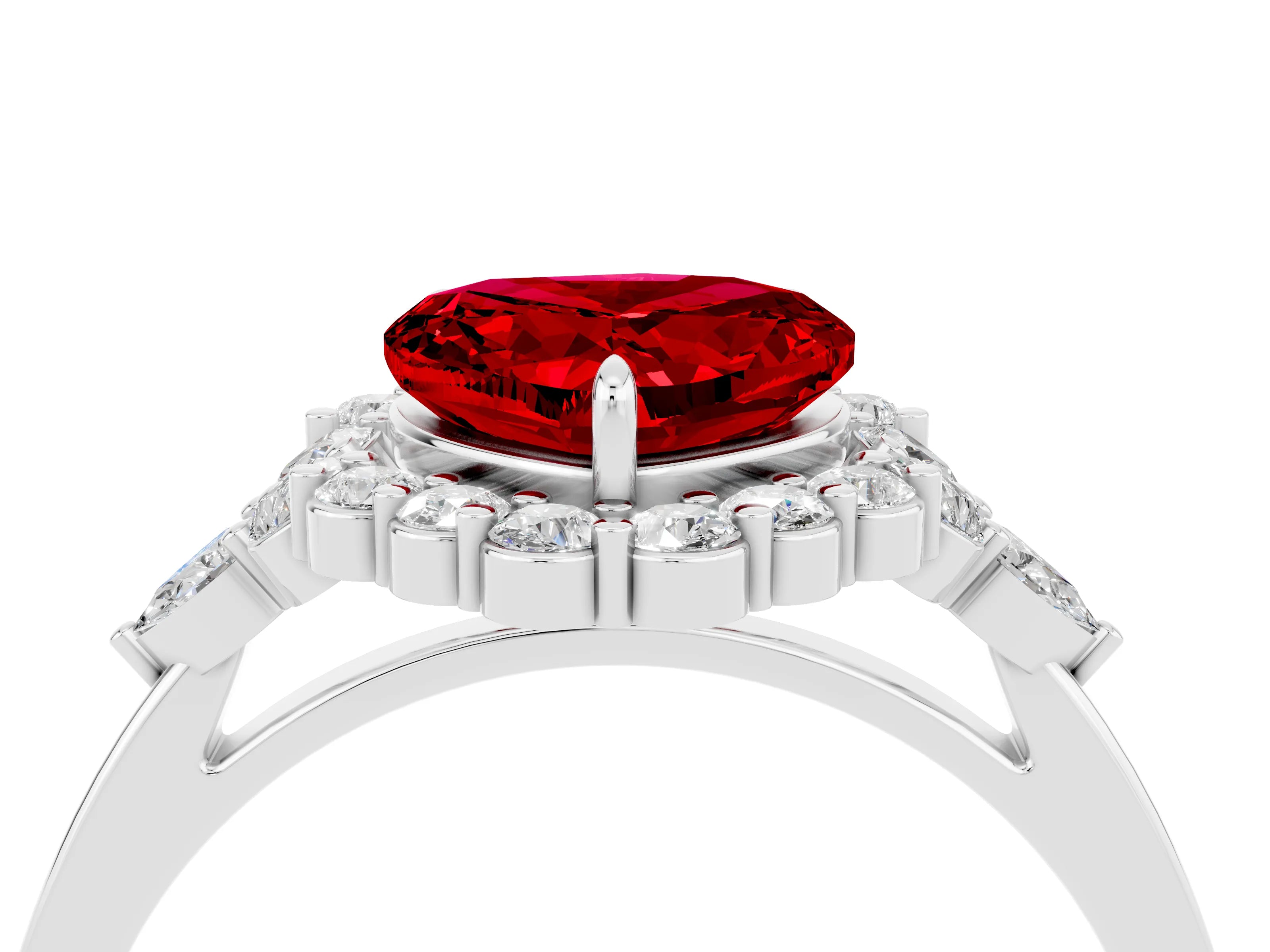 White gold Heart Cut Ruby Halo Ring with Pear Side Stones and Prong Setting_28