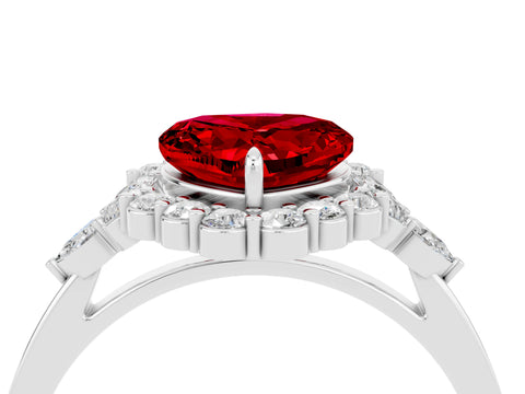 White gold Heart Cut Ruby Halo Ring with Pear Side Stones and Prong Setting_28
