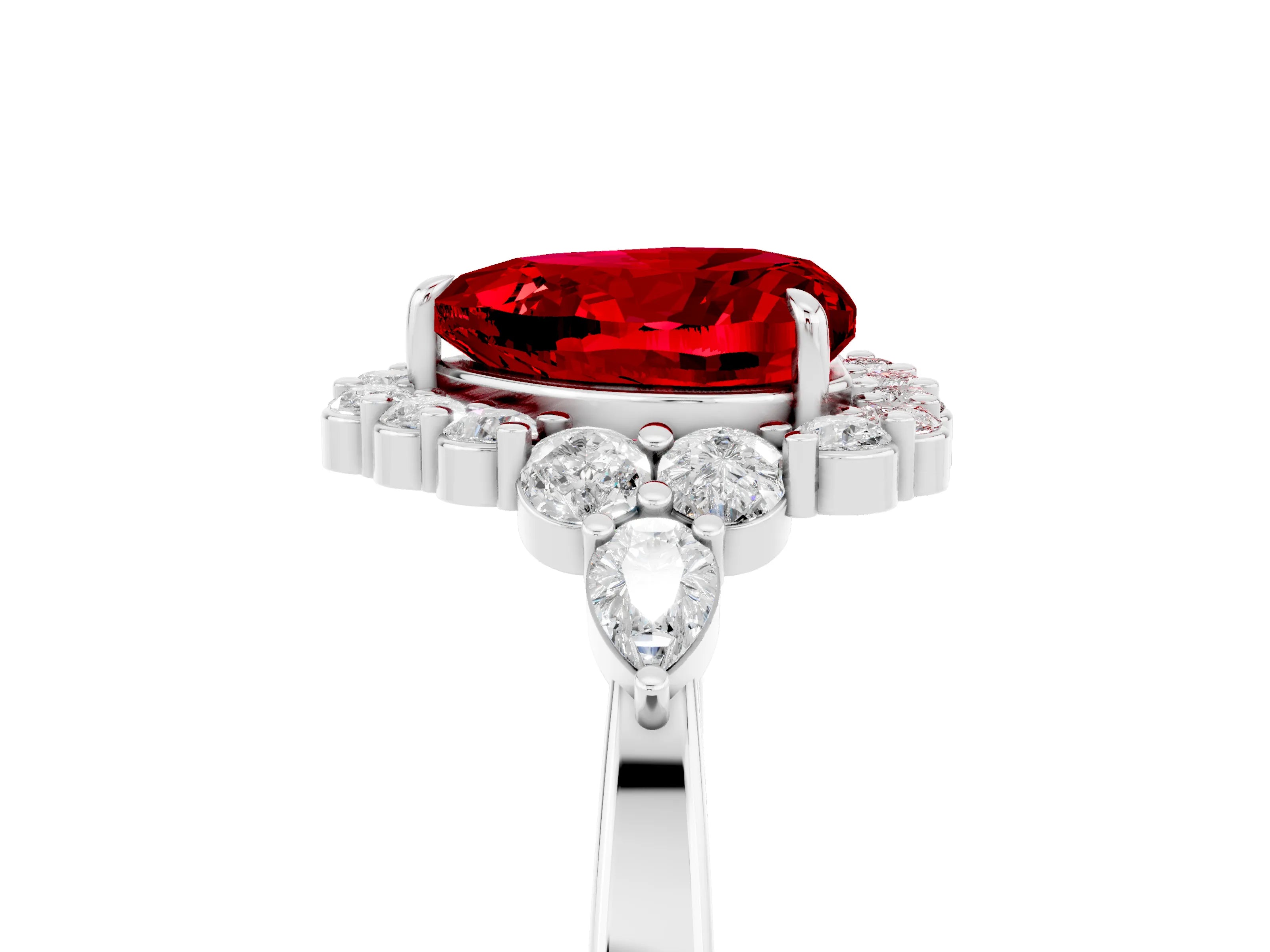 White gold Heart Cut Ruby Halo Ring with Pear Side Stones and Prong Setting_29