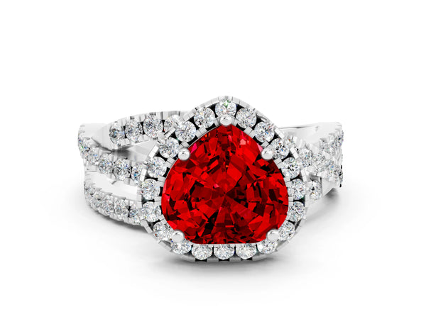 Platinum Heart Cut Ruby Halo Ring with Round Split Shank and Prong Setting