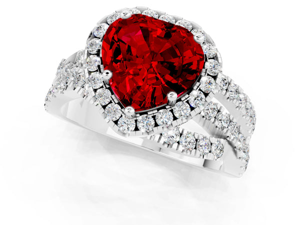 Platinum Heart Cut Ruby Halo Ring with Round Split Shank and Prong Setting