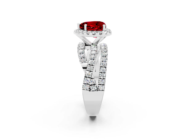 Silver Heart Cut Ruby Halo Ring with Round Split Shank and Prong Setting