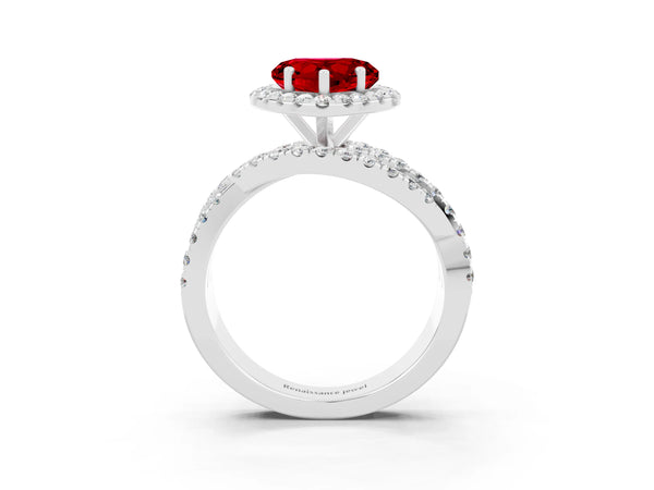 Platinum Heart Cut Ruby Halo Ring with Round Split Shank and Prong Setting