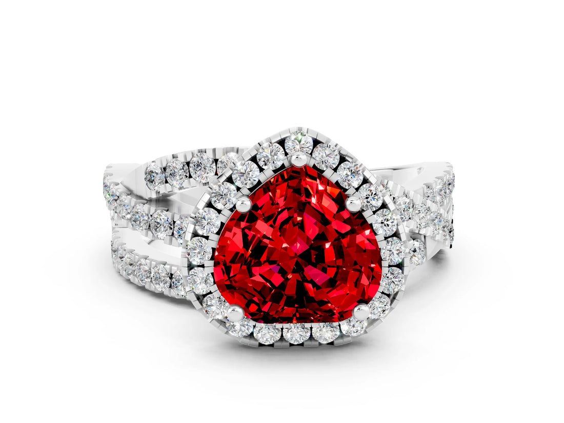 White gold Heart Cut Ruby Halo Ring with Round Split Shank and Prong Setting_60