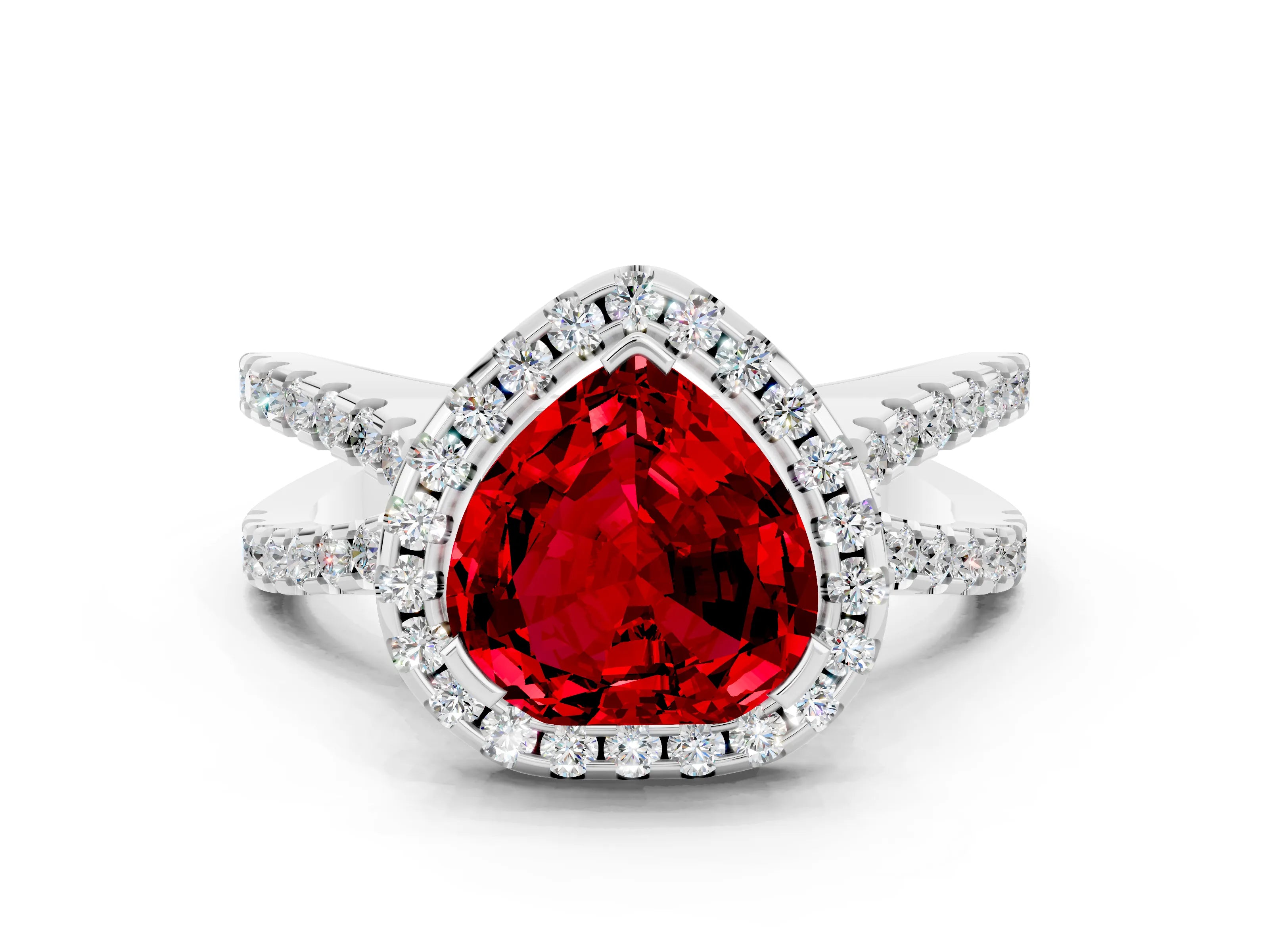 White gold Heart Cut Ruby Halo Ring with Split Shank Pavé Band and Prong Setting