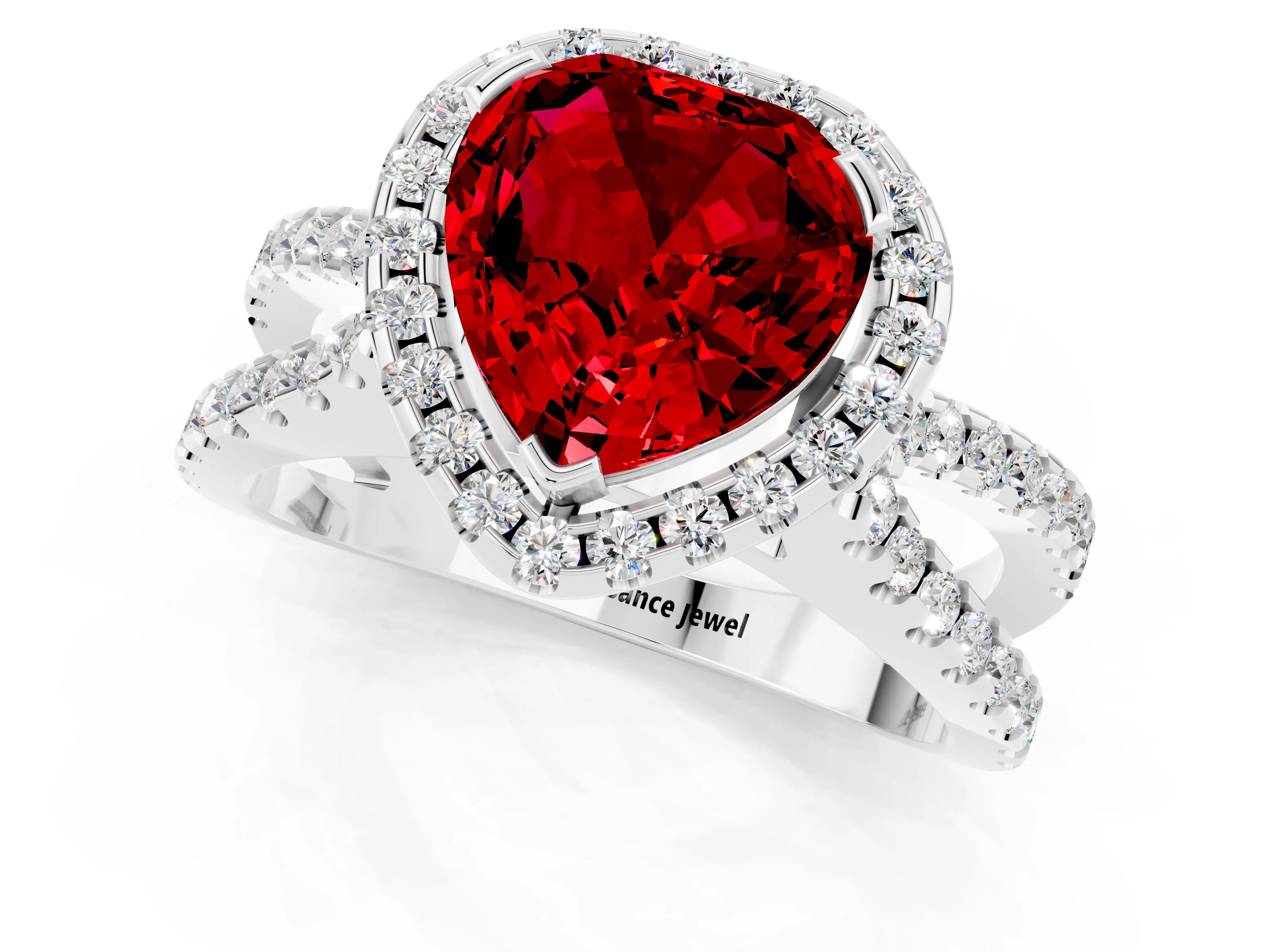 White gold Heart Cut Ruby Halo Ring with Split Shank Pavé Band and Prong Setting_1