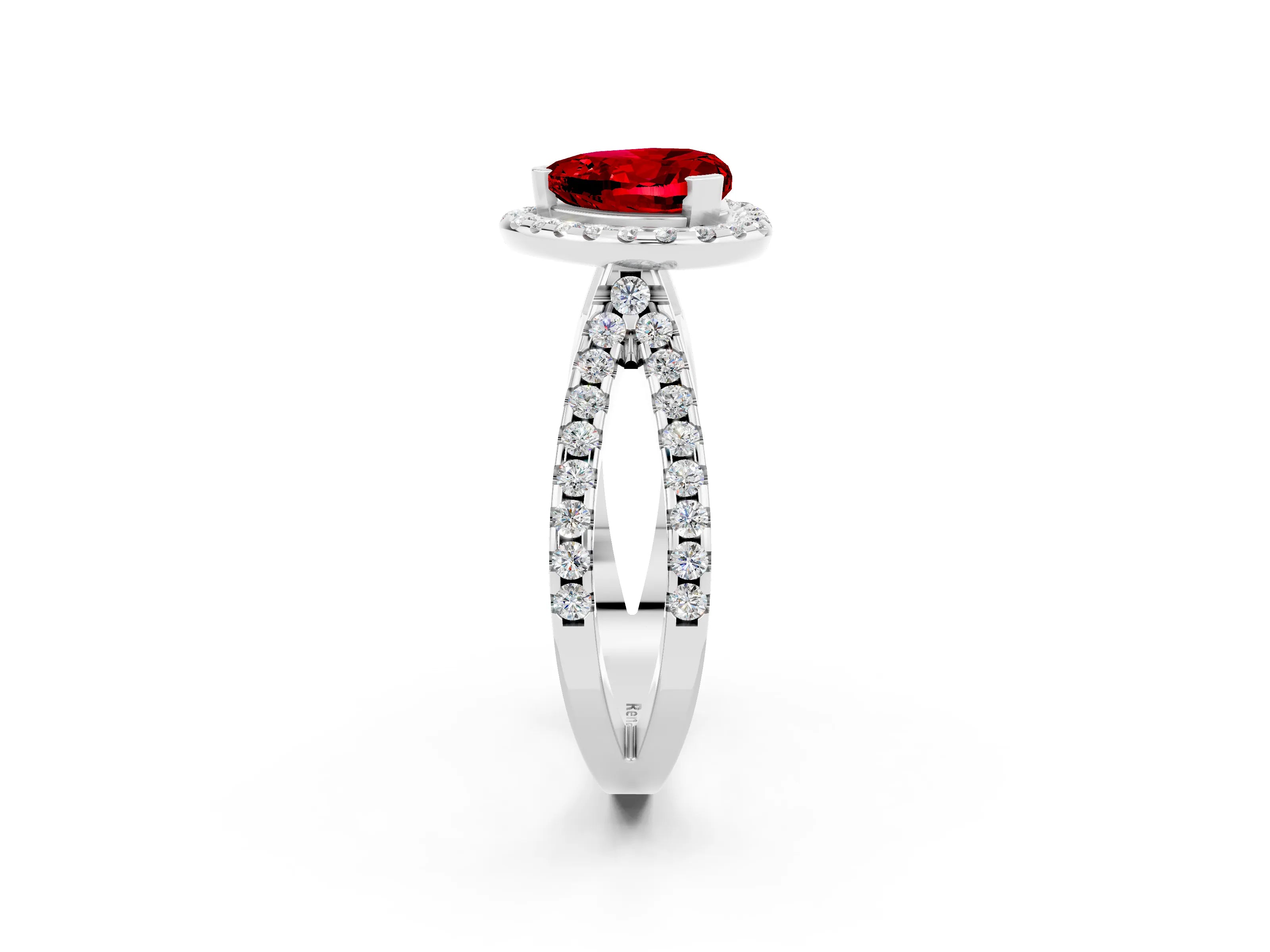 White gold Heart Cut Ruby Halo Ring with Split Shank Pavé Band and Prong Setting_2