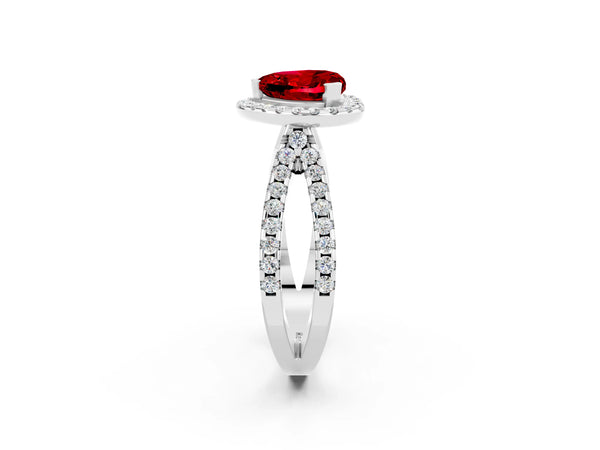 Silver Heart Cut Ruby Halo Ring with Split Shank Pavé Band and Prong Setting