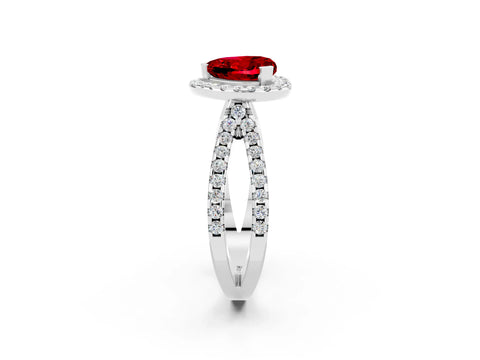 White gold Heart Cut Ruby Halo Ring with Split Shank Pavé Band and Prong Setting_2