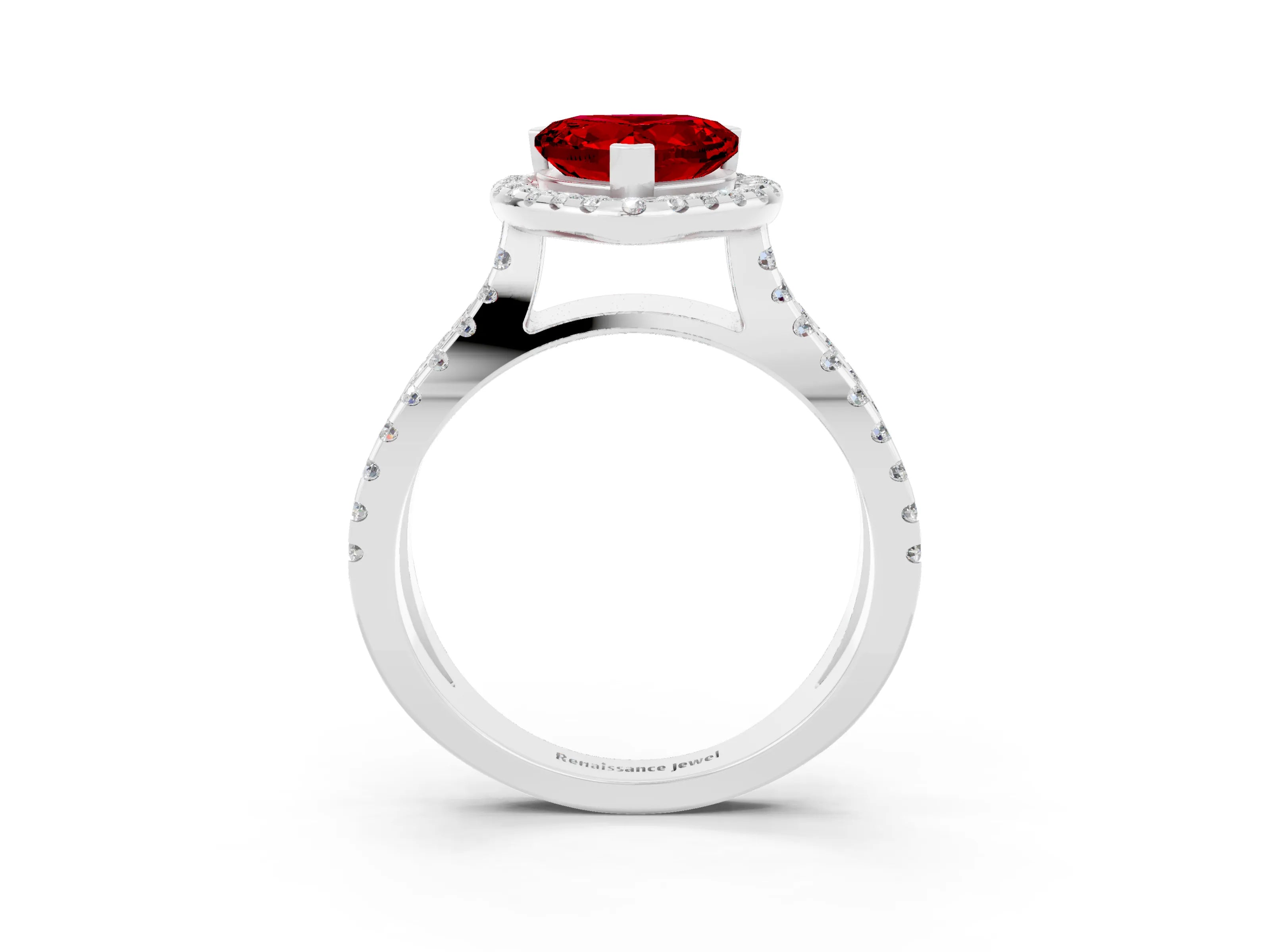 White gold Heart Cut Ruby Halo Ring with Split Shank Pavé Band and Prong Setting_3