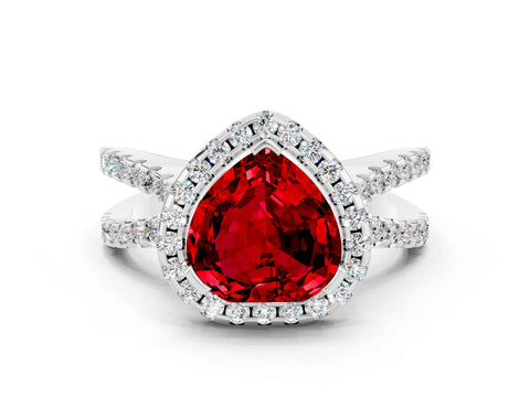 White gold Heart Cut Ruby Halo Ring with Split Shank Pavé Band and Prong Setting