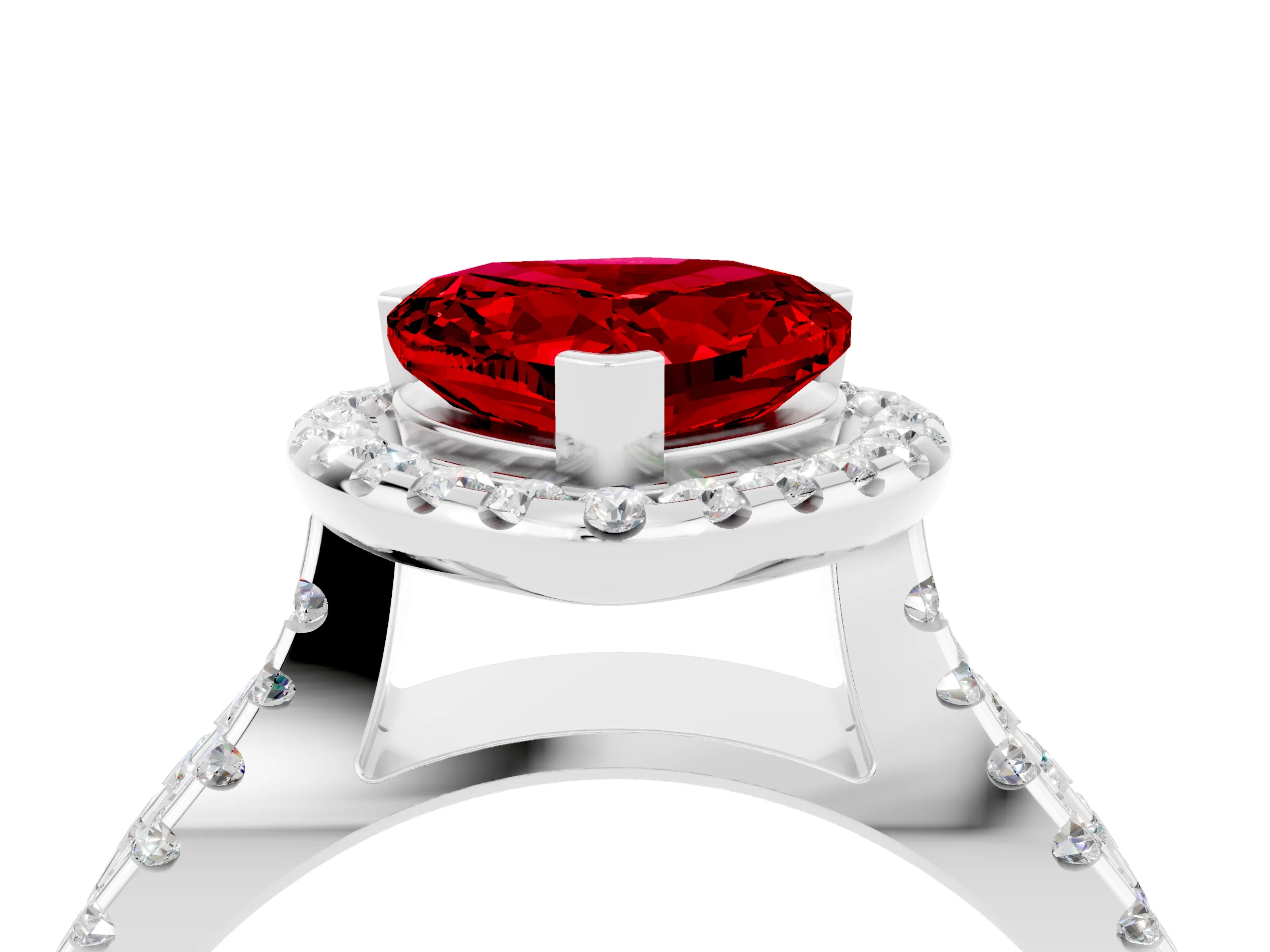 White gold Heart Cut Ruby Halo Ring with Split Shank Pavé Band and Prong Setting_4