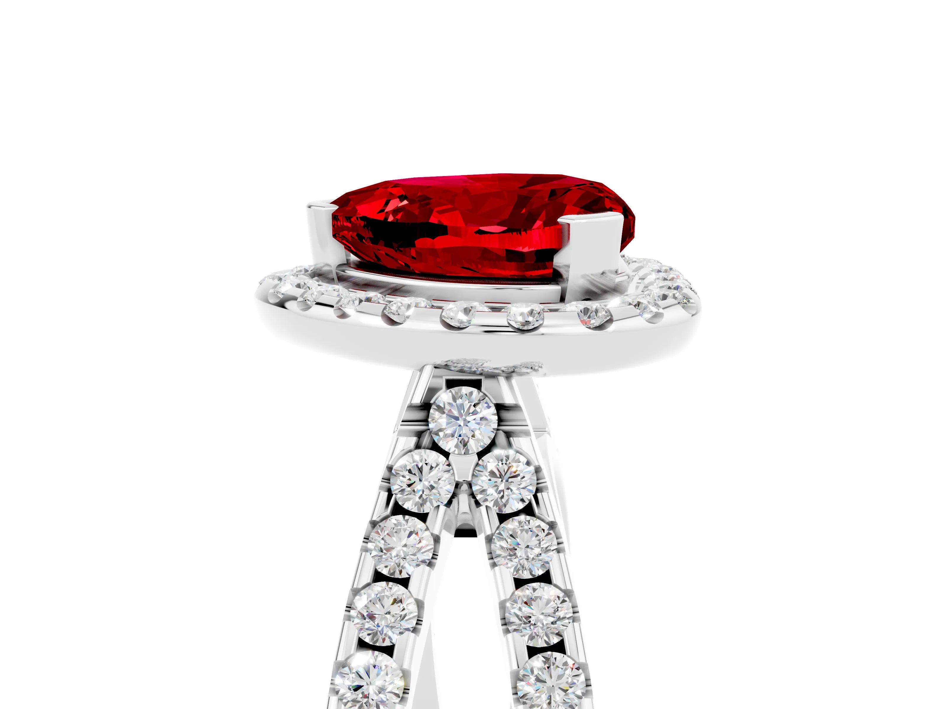 White gold Heart Cut Ruby Halo Ring with Split Shank Pavé Band and Prong Setting_5