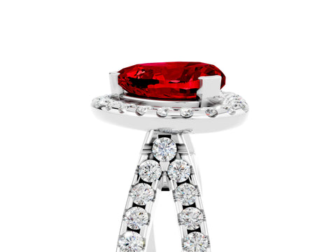 White gold Heart Cut Ruby Halo Ring with Split Shank Pavé Band and Prong Setting_5