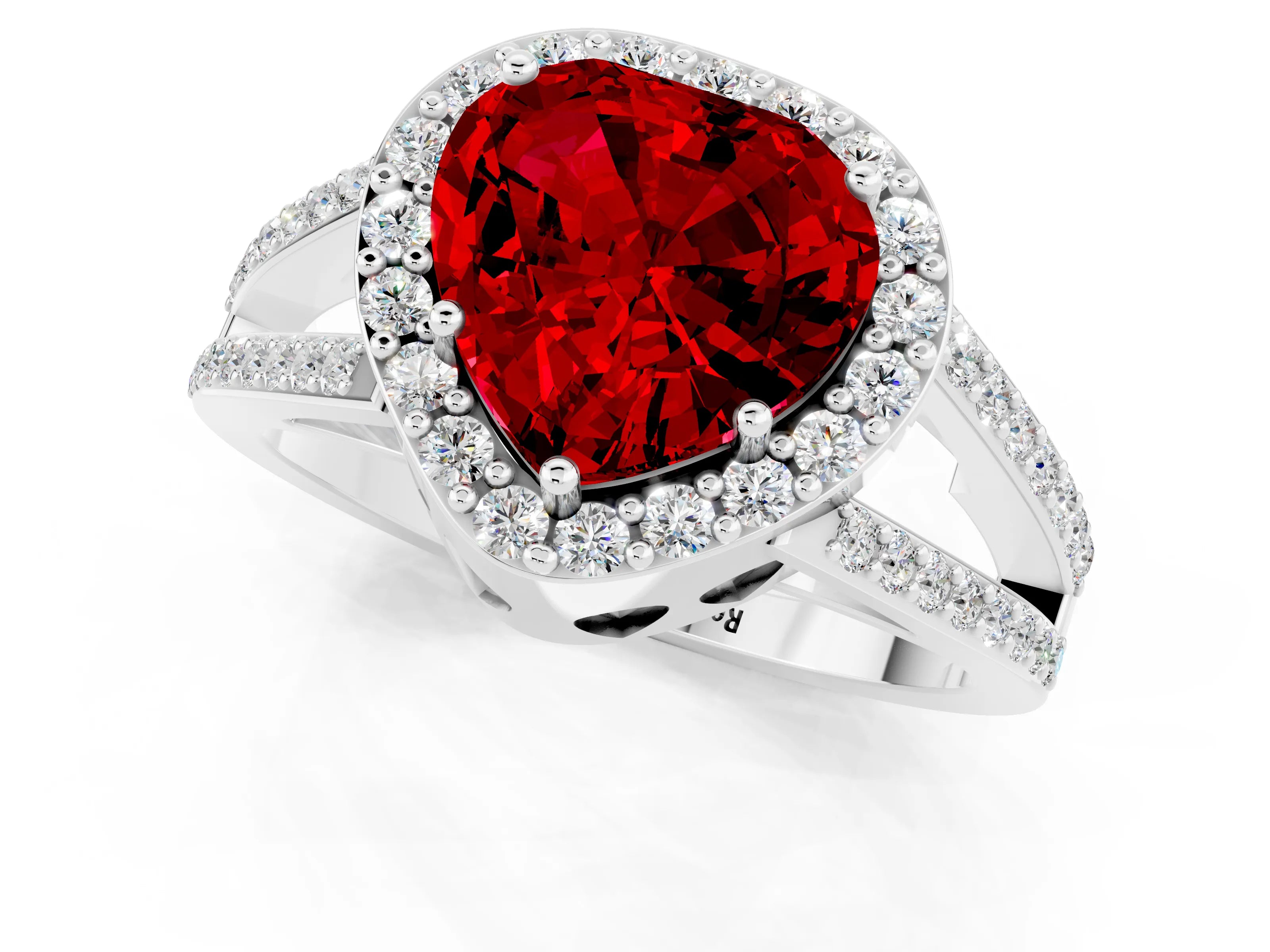 White gold Heart Cut Ruby Halo Ring with Split Shank U-Prong Band and Four-Prong Setting_1
