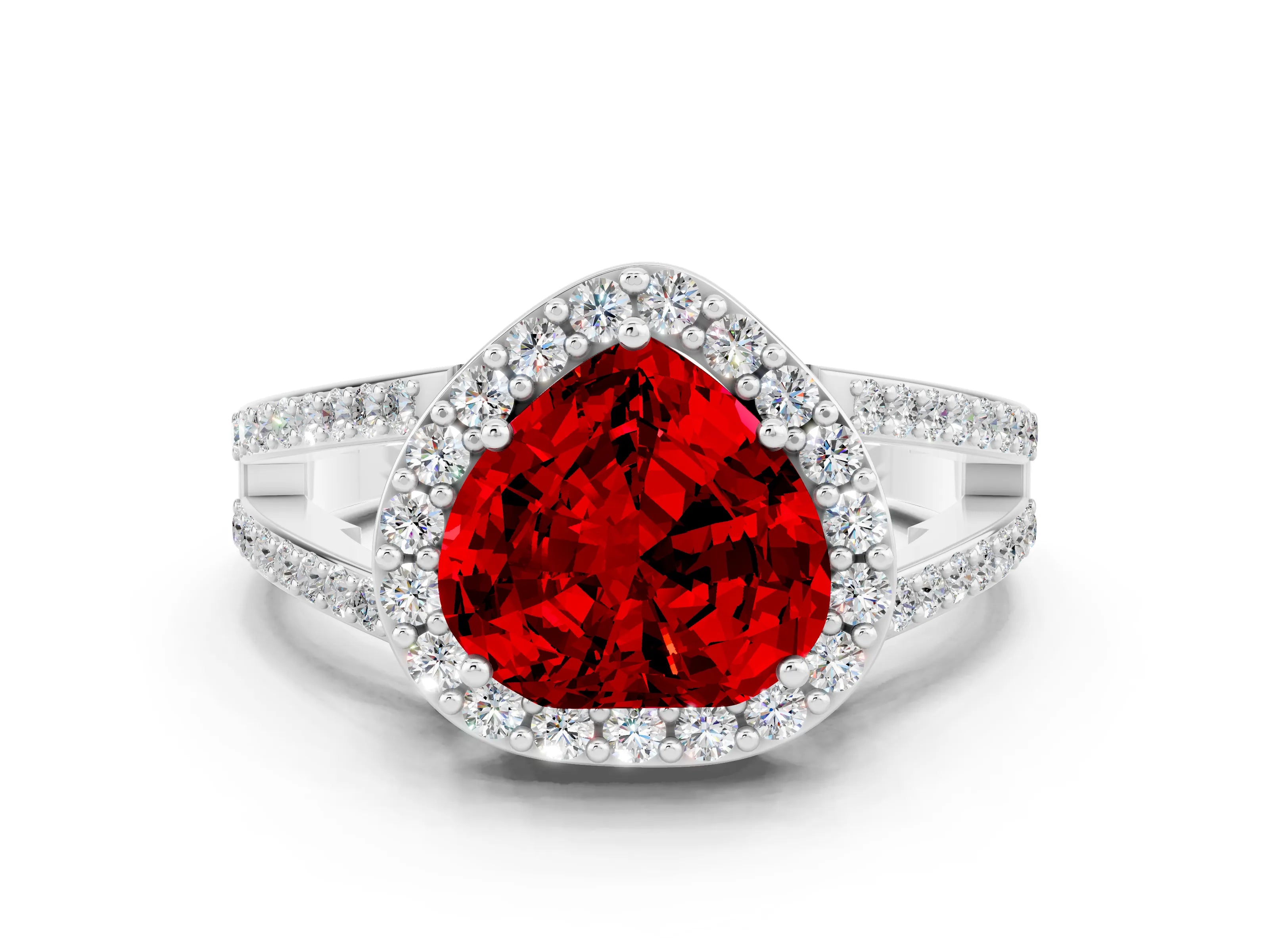 White gold Heart Cut Ruby Halo Ring with Split Shank U-Prong Band and Four-Prong Setting