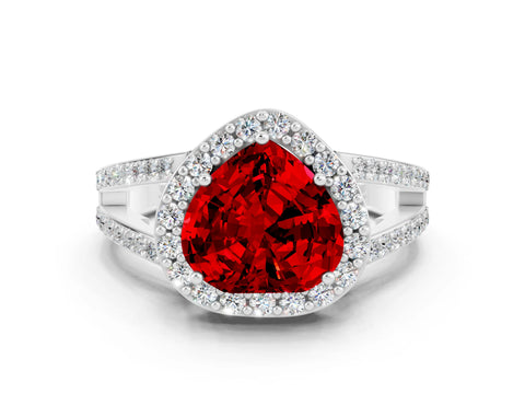 White gold Heart Cut Ruby Halo Ring with Split Shank U-Prong Band and Four-Prong Setting