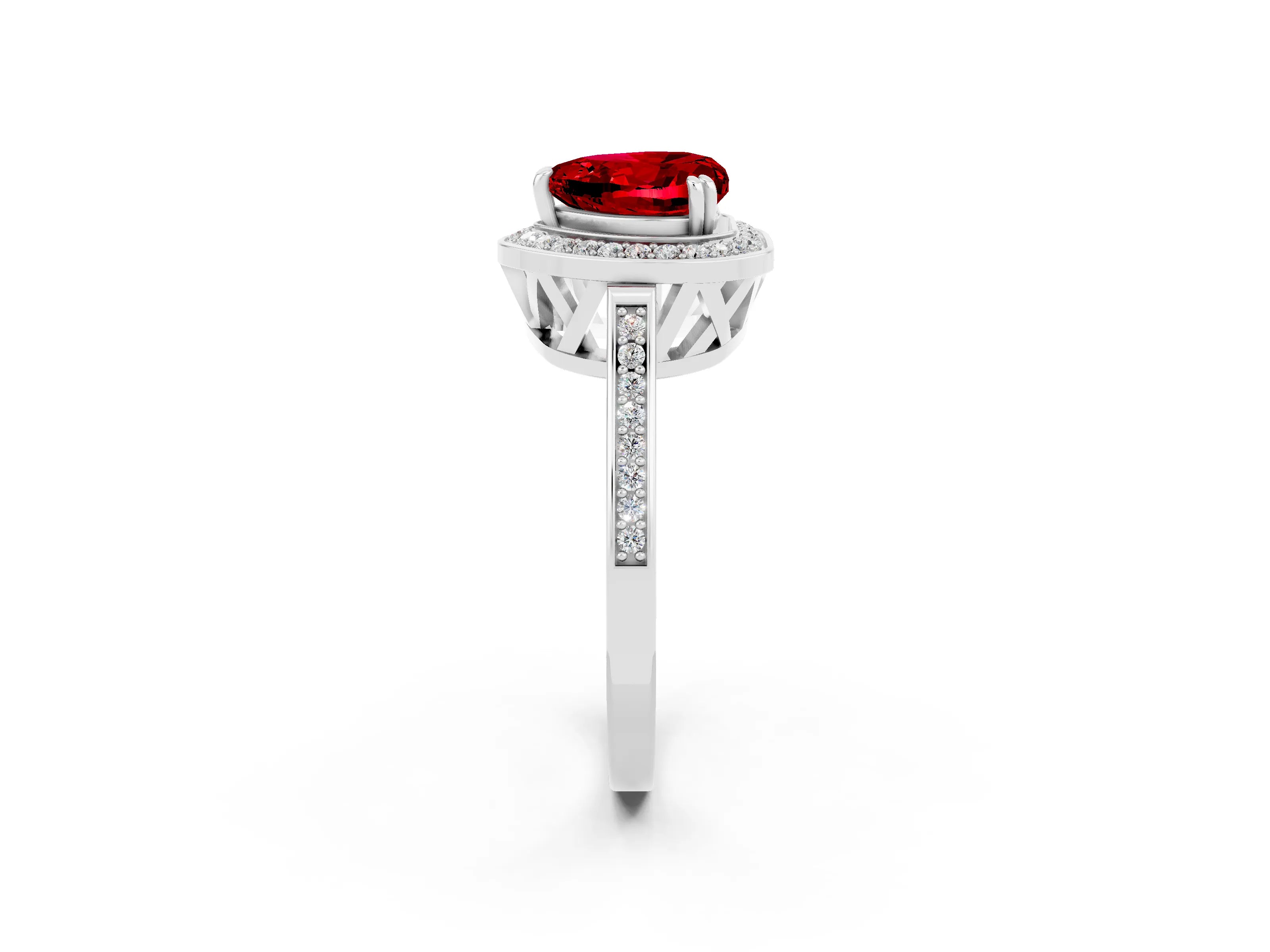 White gold Heart Cut Ruby Halo Ring with Split Shank and Four-Prong Setting_14