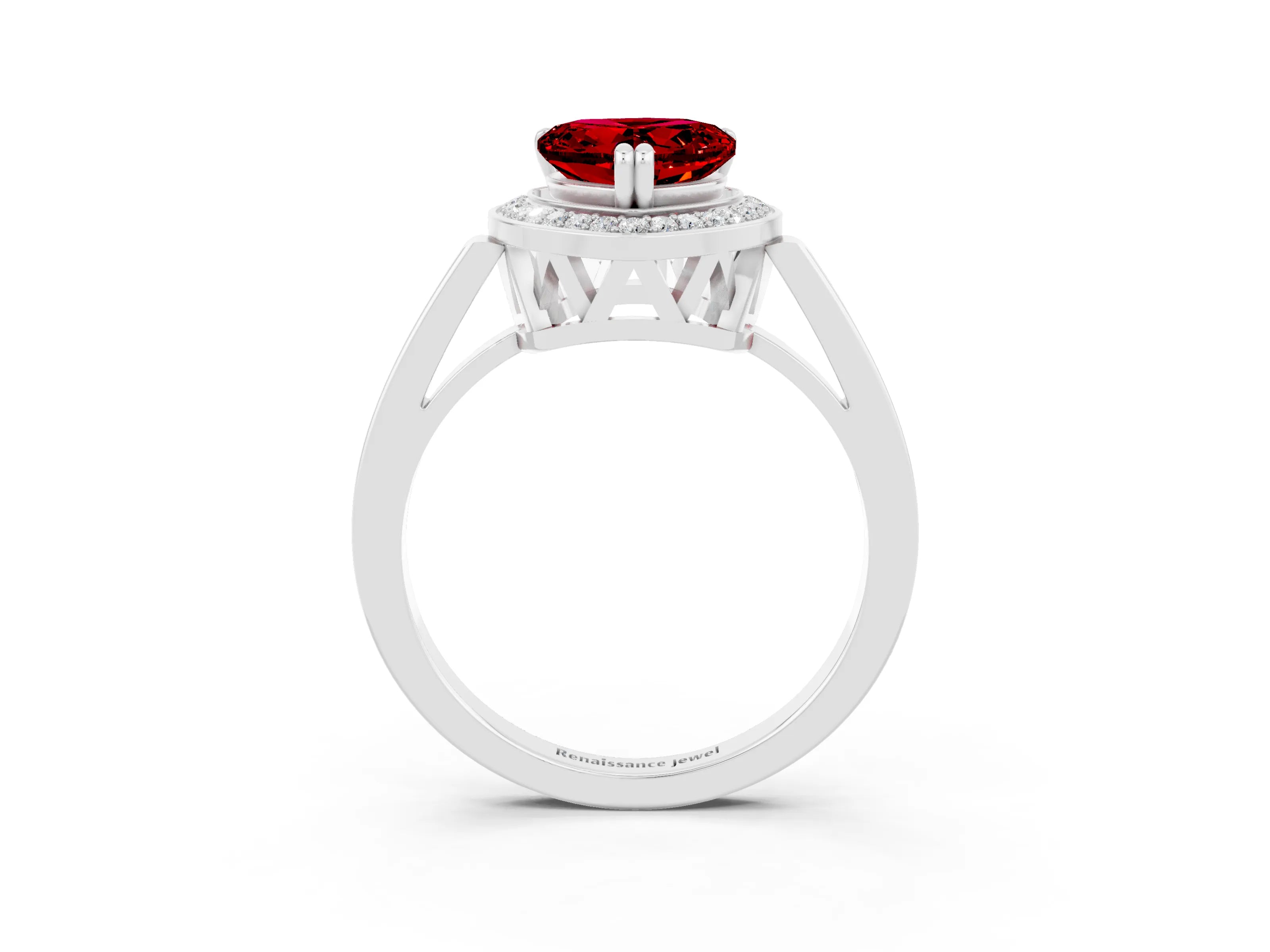 White gold Heart Cut Ruby Halo Ring with Split Shank and Four-Prong Setting_15