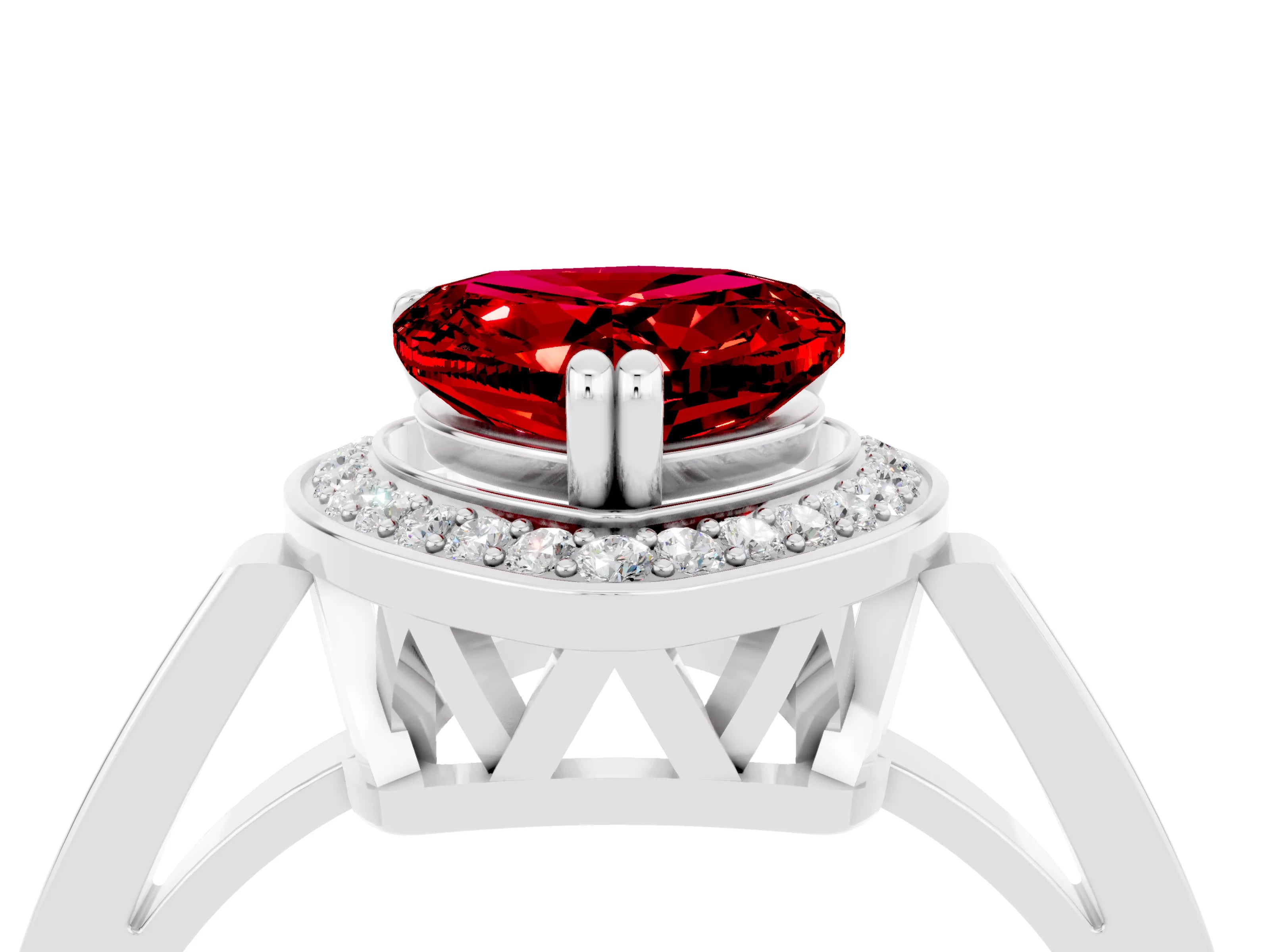 White gold Heart Cut Ruby Halo Ring with Split Shank and Four-Prong Setting_16