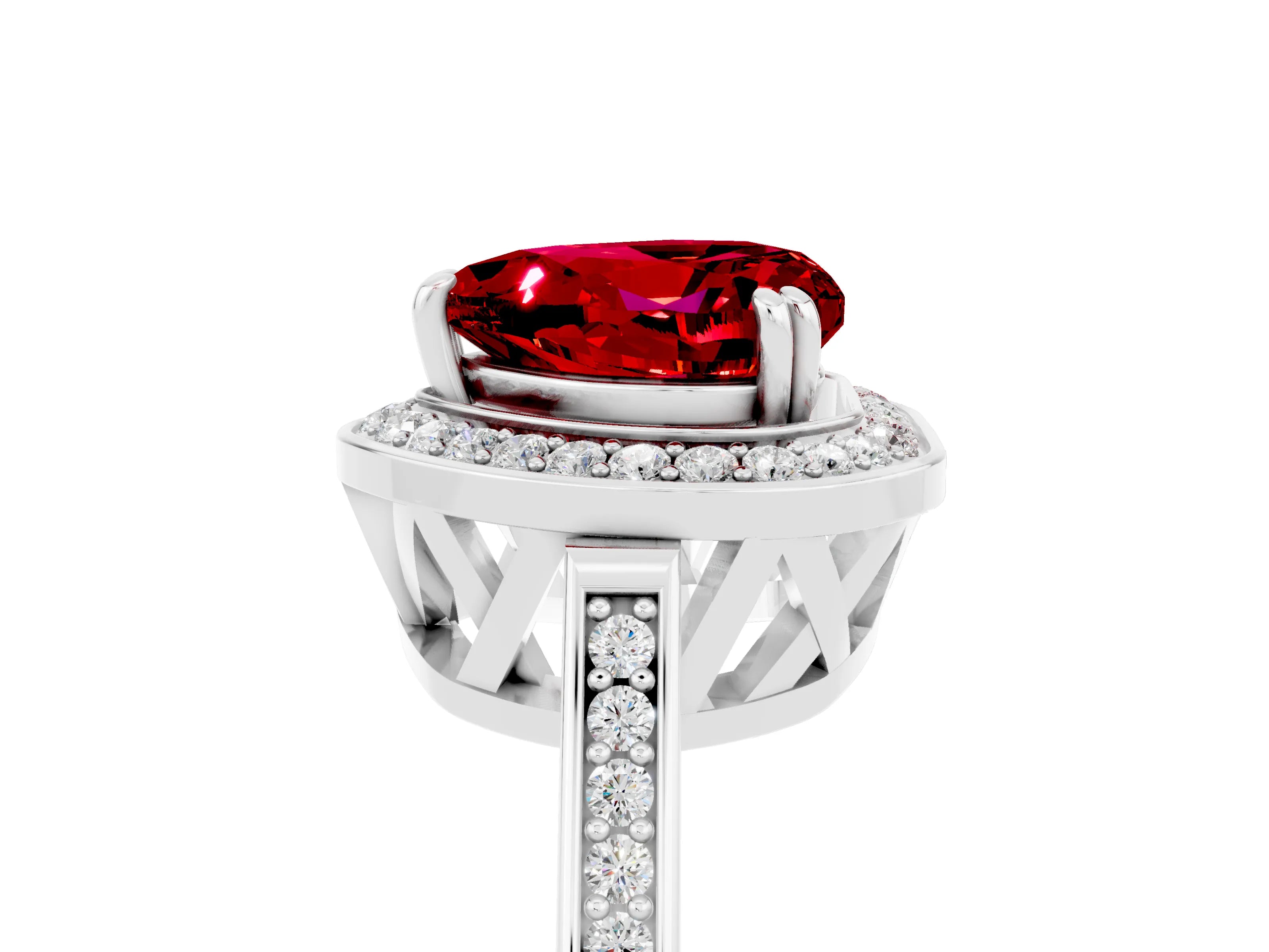 White gold Heart Cut Ruby Halo Ring with Split Shank and Four-Prong Setting_17
