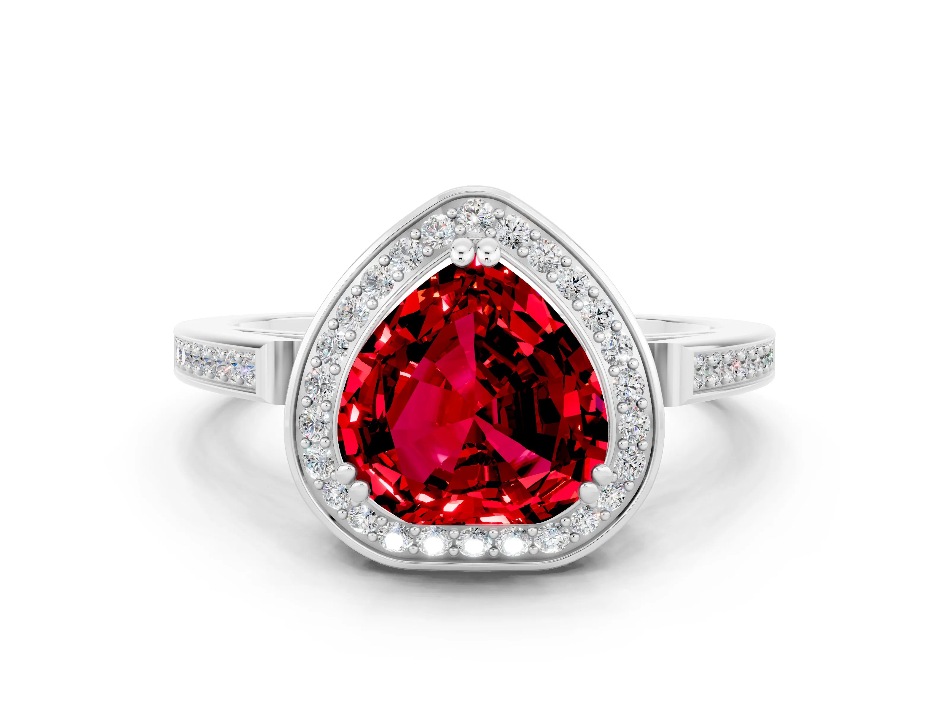 White gold Heart Cut Ruby Halo Ring with Split Shank and Four-Prong Setting_18
