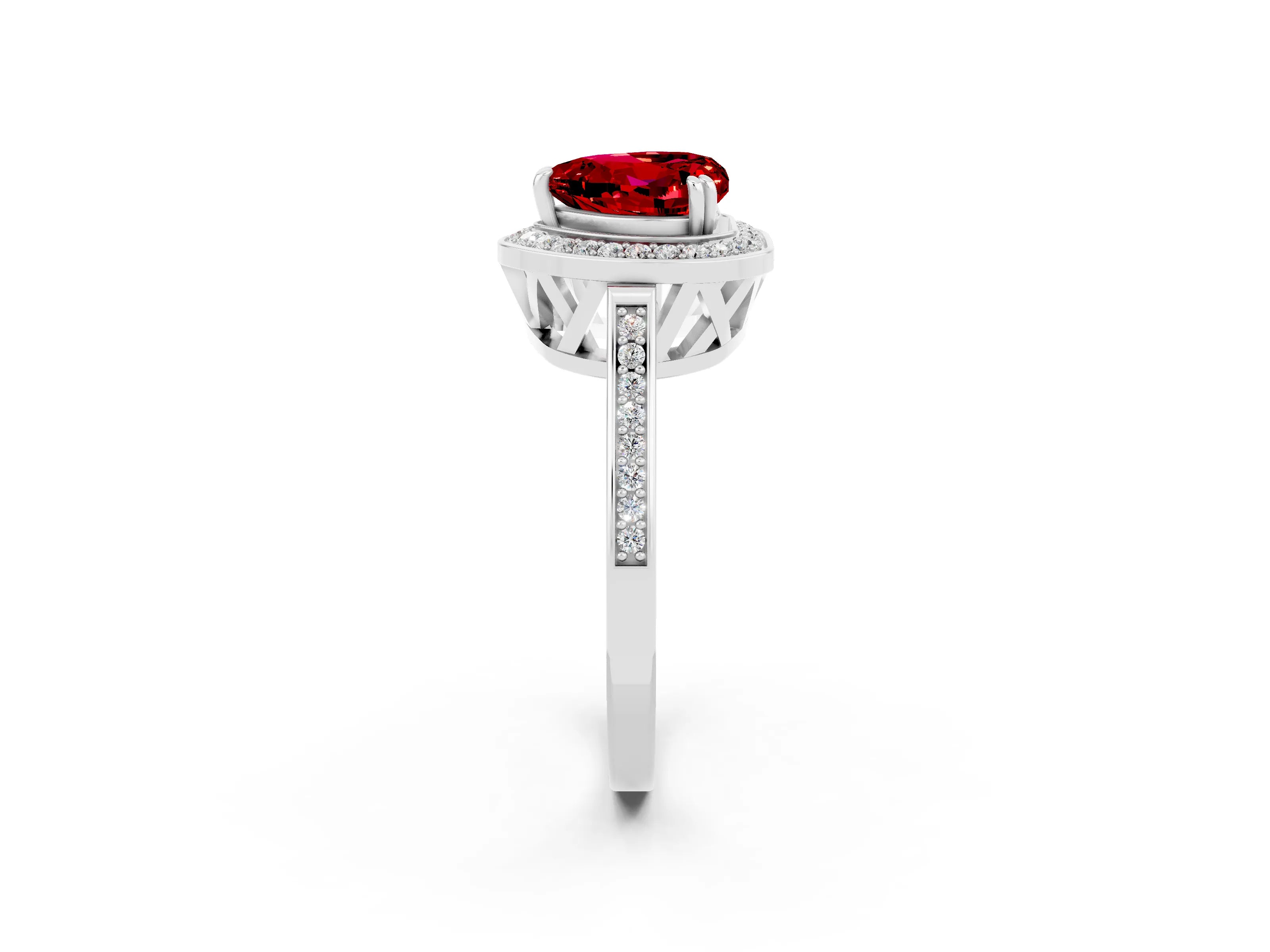 White gold Heart Cut Ruby Halo Ring with Split Shank and Four-Prong Setting_20