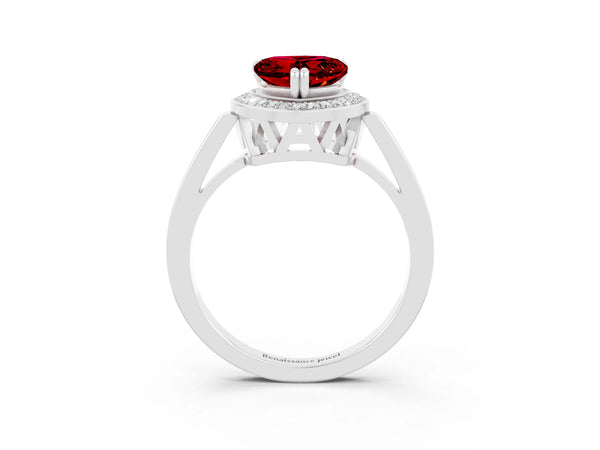 White gold Heart Cut Ruby Halo Ring with Split Shank and Four-Prong Setting