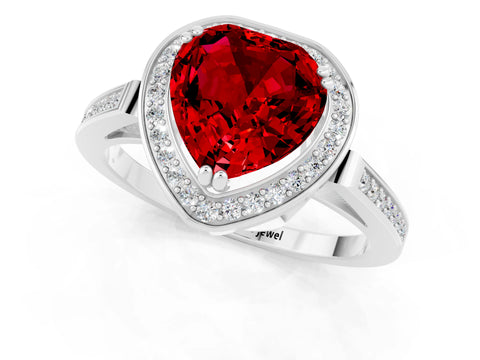 White gold Heart Cut Ruby Halo Ring with Split Shank and Four-Prong Setting_23