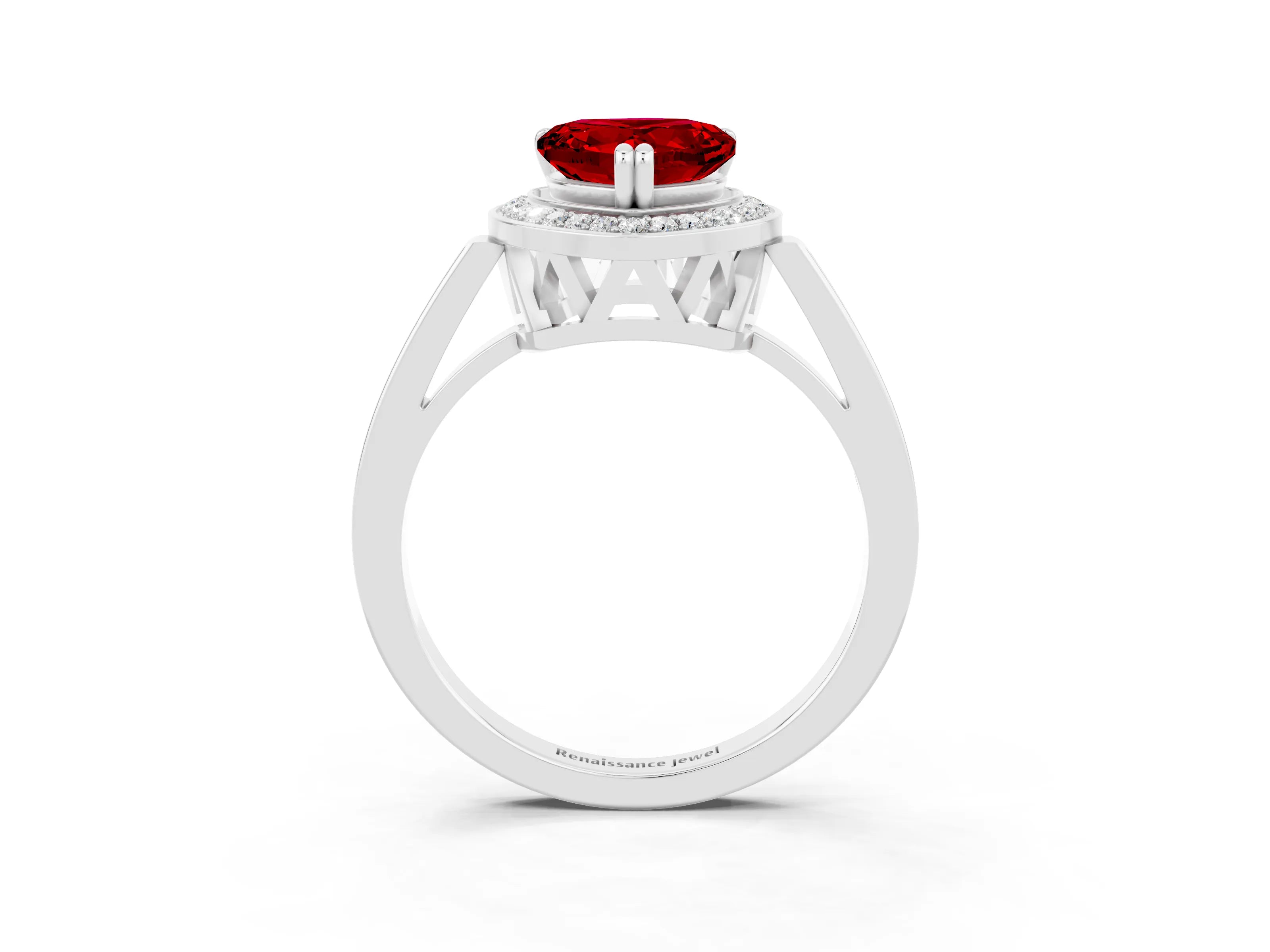 White gold Heart Cut Ruby Halo Ring with Split Shank and Four-Prong Setting_27