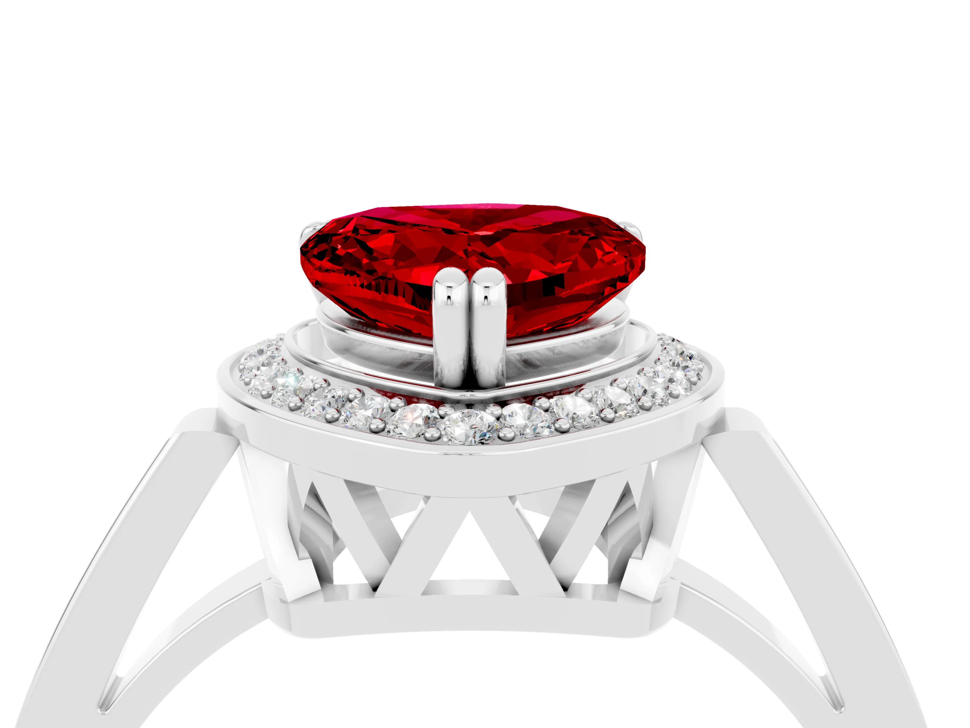 White gold Heart Cut Ruby Halo Ring with Split Shank and Four-Prong Setting_28