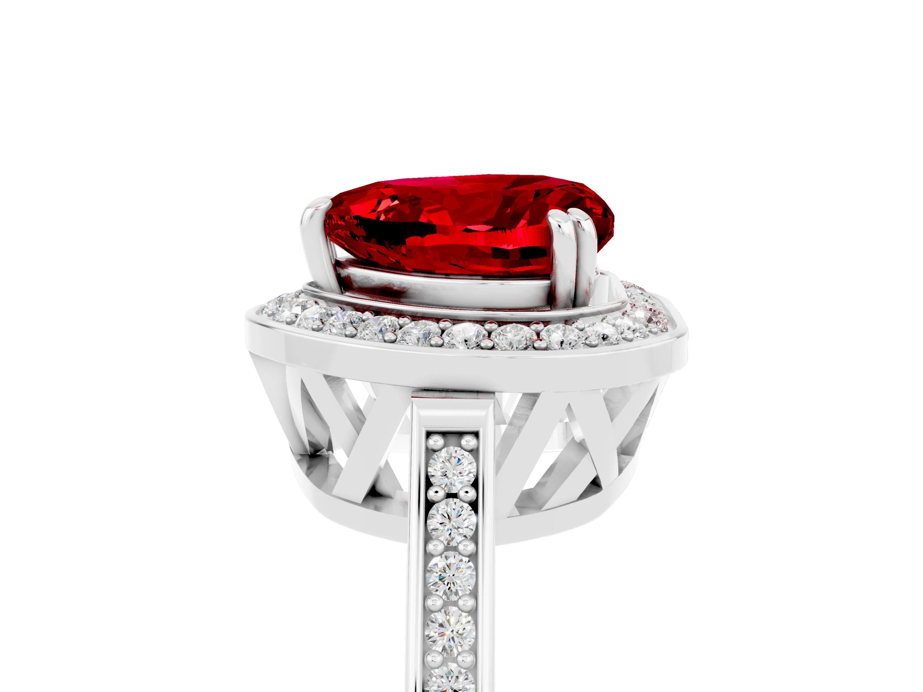White gold Heart Cut Ruby Halo Ring with Split Shank and Four-Prong Setting_29