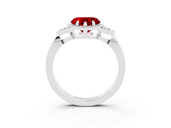 Platinum Heart Cut Ruby Halo Ring with Tapered Band and Four-Prong Setting