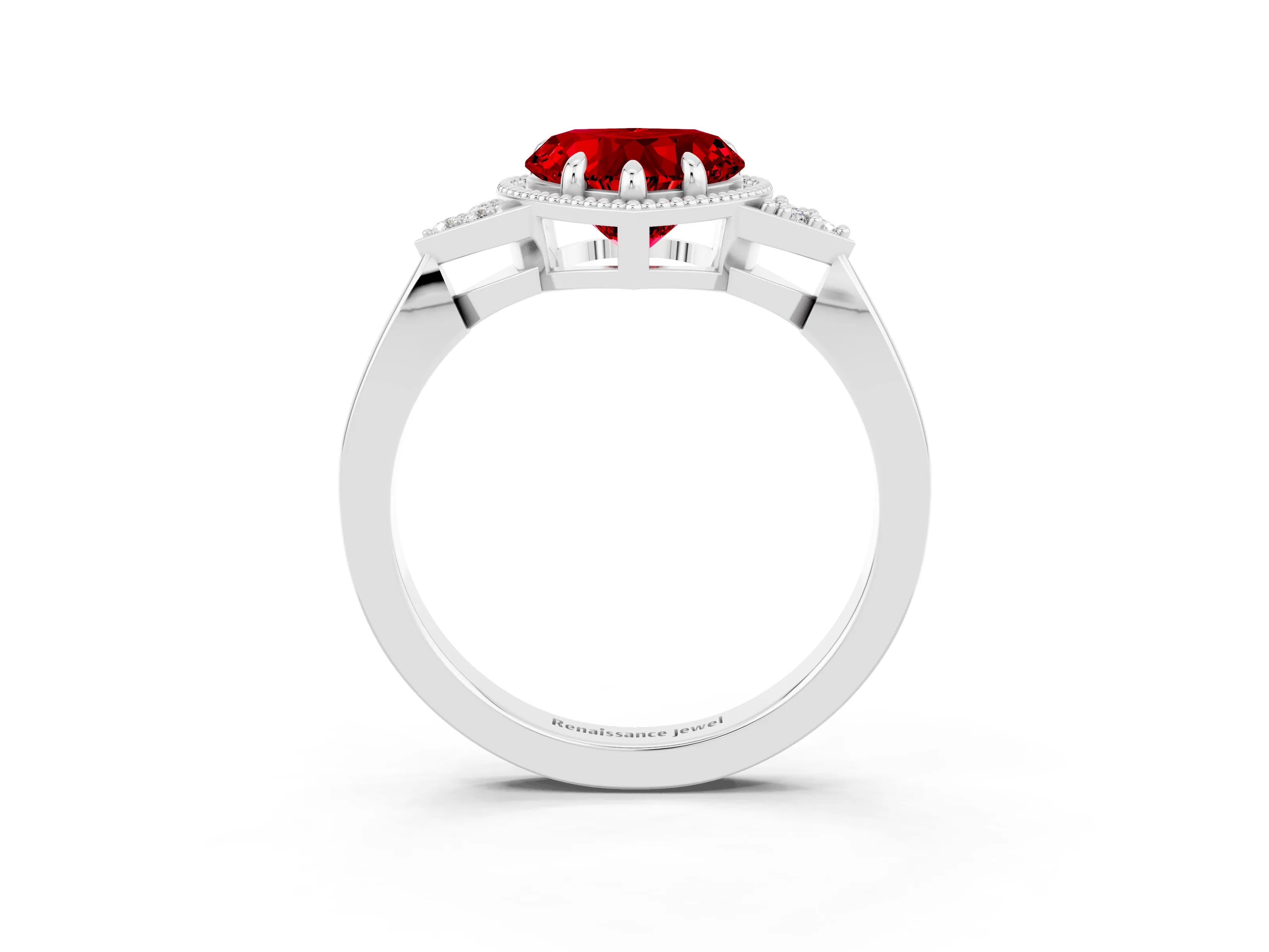 White gold Heart Cut Ruby Halo Ring with Tapered Band and Four-Prong Setting_3