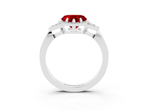 White gold Heart Cut Ruby Halo Ring with Tapered Band and Four-Prong Setting_3